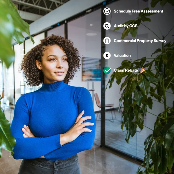 woman, arms crossed, smiling, office space, business rates claim rebate process